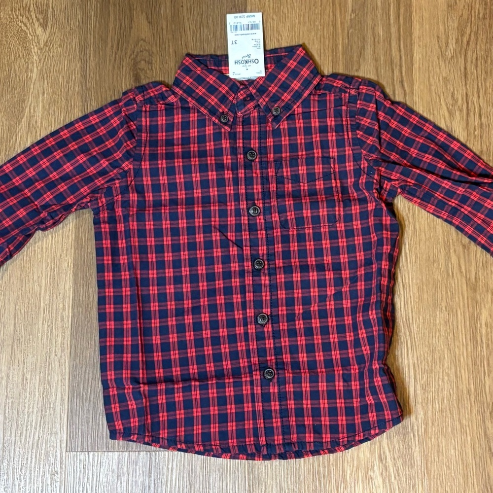 OshKosh‎ B’gosh Boys Toddler 3T Red Checkered Button Down Shirt Preppy Cute